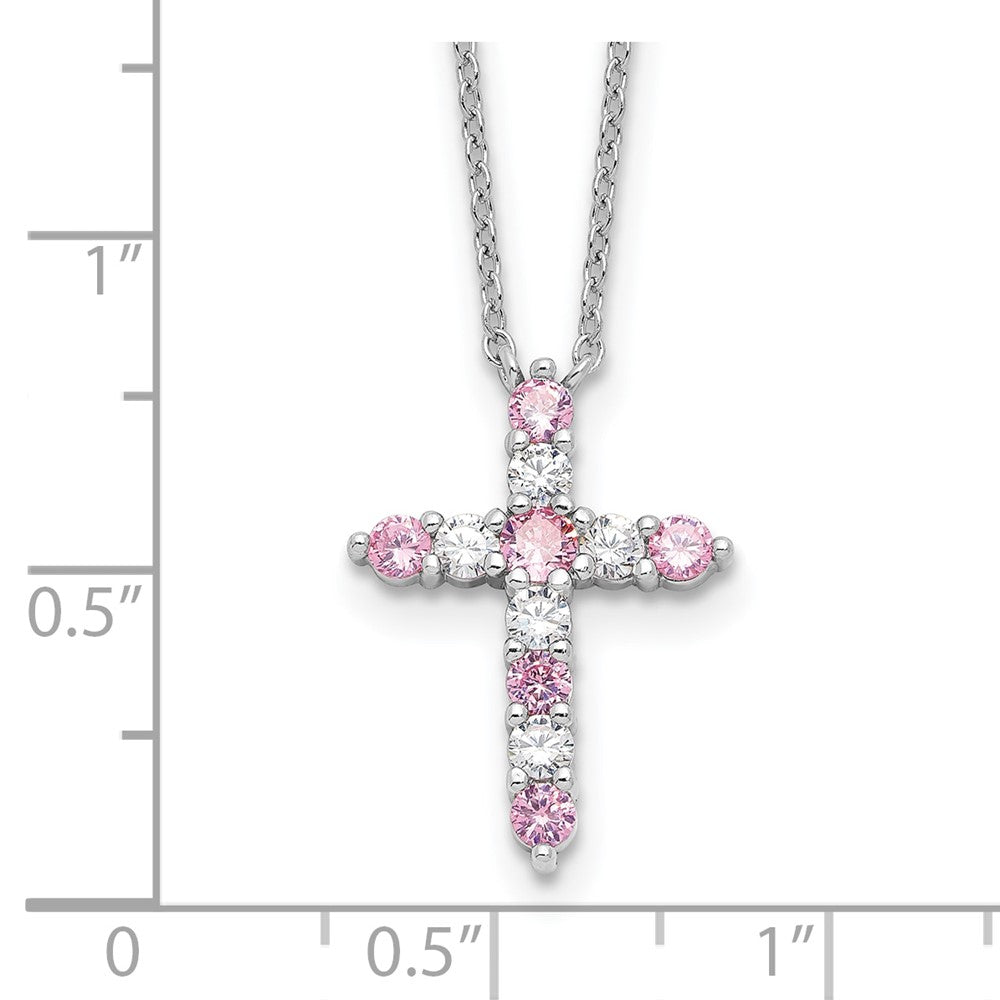 Sterling Silver Pink Cubic Zirconia Cross Pendant Necklace 17"