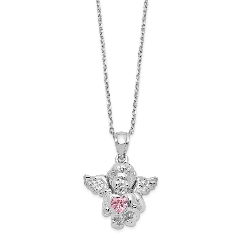Sterling Silver RH-pltd CZ April Birthstone Angel Ash Holder Necklace 18"