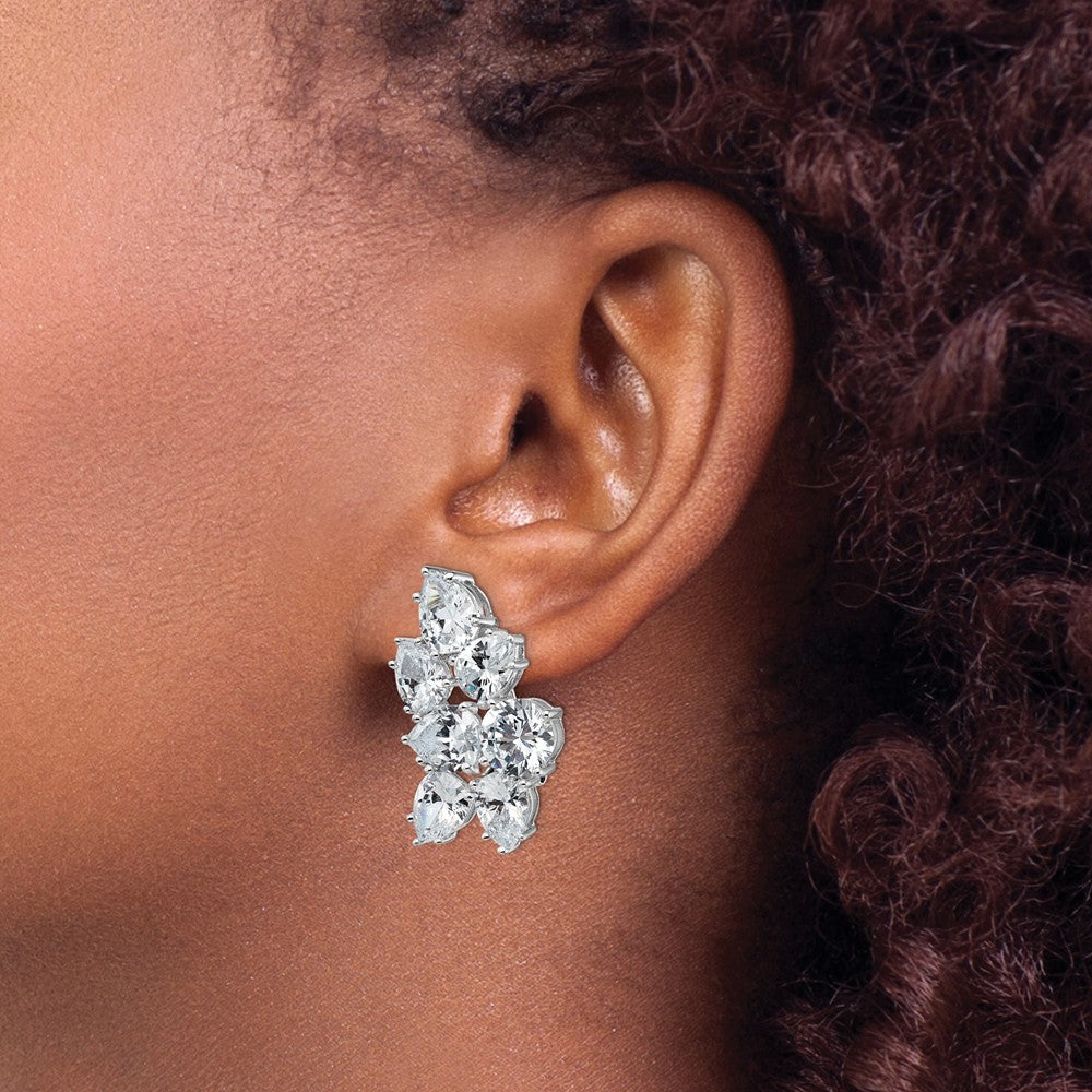 Sterling Silver Rhodium-plated Fancy CZ Cluster Omega Back Earrings