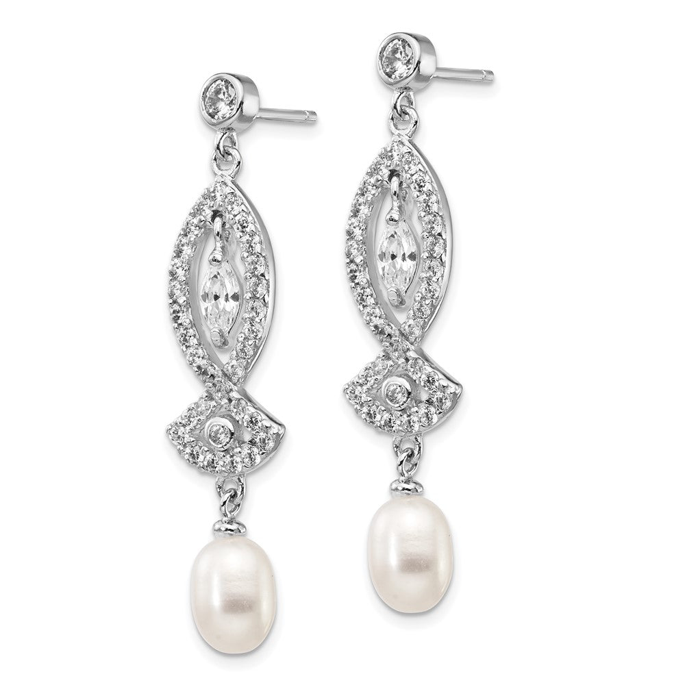 Sterling Silver Rhodium-plated Teardrop Cultured Pearl and Marquise-cut CZ Dangle Earrings