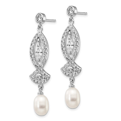 Sterling Silver Rhodium-plated Teardrop Cultured Pearl and Marquise-cut CZ Dangle Earrings