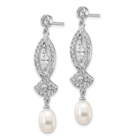 Sterling Silver Rhodium-plated Teardrop Cultured Pearl and Marquise-cut CZ Dangle Earrings