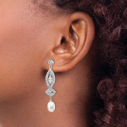 Sterling Silver Rhodium-plated Teardrop Cultured Pearl and Marquise-cut CZ Dangle Earrings