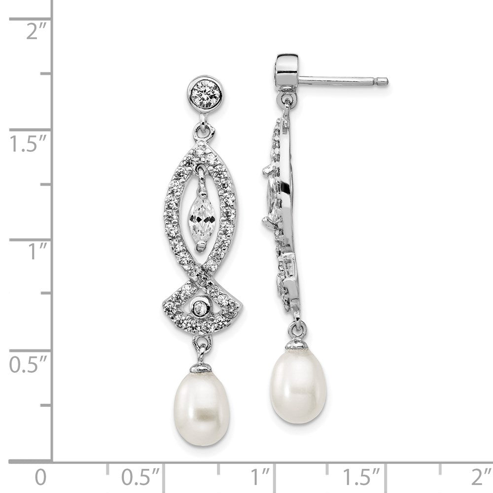 Sterling Silver Rhodium-plated Teardrop Cultured Pearl and Marquise-cut CZ Dangle Earrings