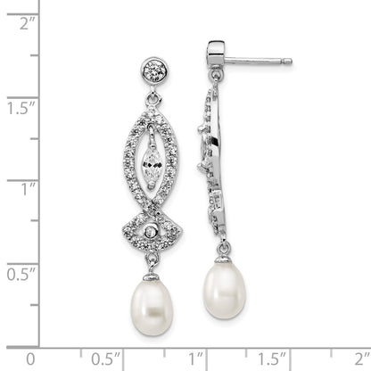 Sterling Silver Rhodium-plated Teardrop Cultured Pearl and Marquise-cut CZ Dangle Earrings