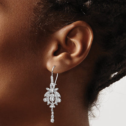 Sterling Silver Rhodium-plated Fancy Bezel CZ Kidney Wire Dangle Earrings