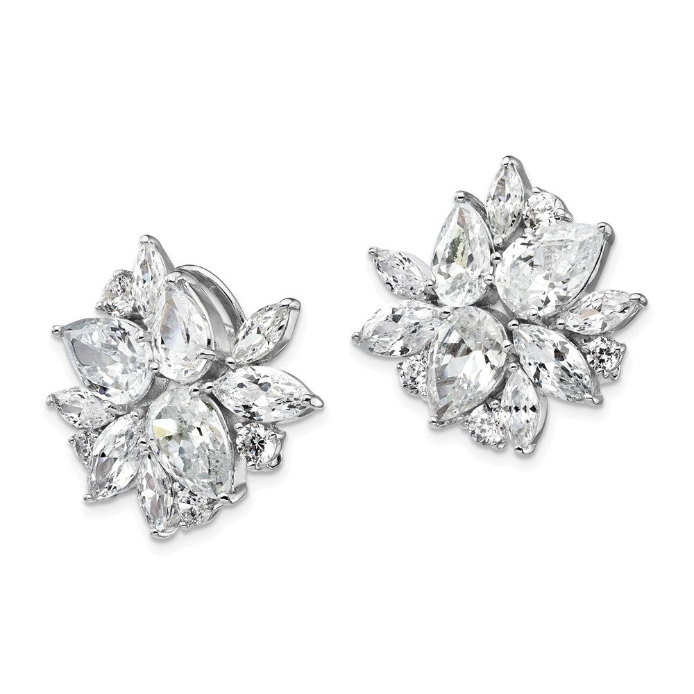 Sterling Silver Rhodium-plated & CZ Cluster Omega Back Earrings