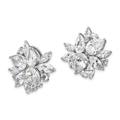 Sterling Silver Rhodium-plated & CZ Cluster Omega Back Earrings