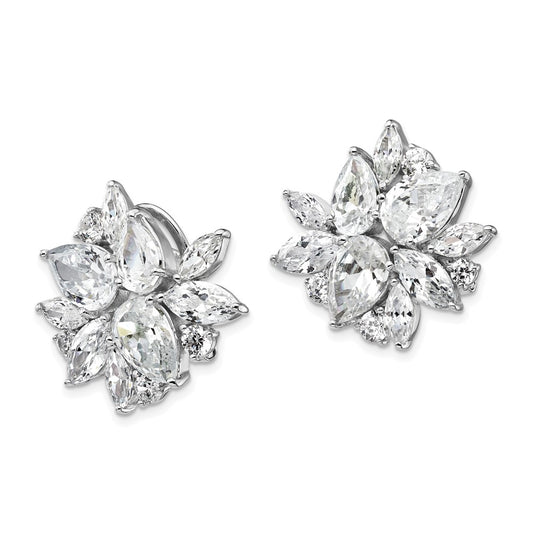 Sterling Silver Rhodium-plated & CZ Cluster Omega Back Earrings