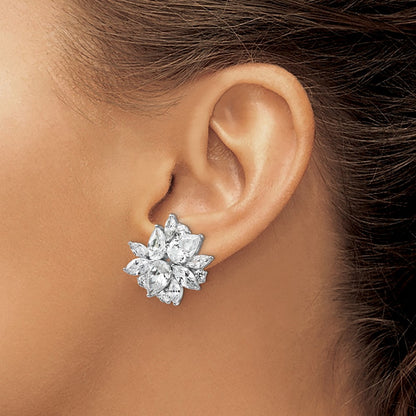 Sterling Silver Rhodium-plated & CZ Cluster Omega Back Earrings
