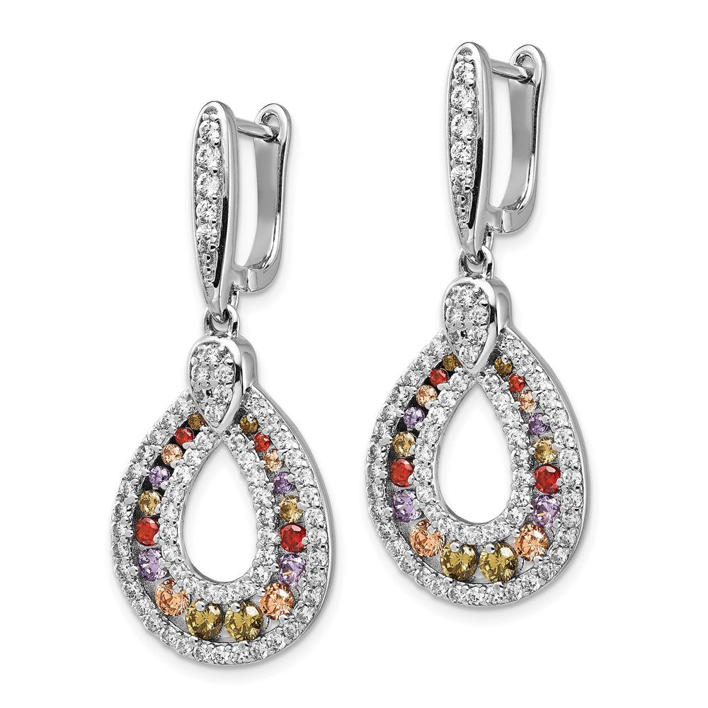 Sterling Silver Rhodium-plated Multi-color CZ Teardrop Hinged Dangle Earrings