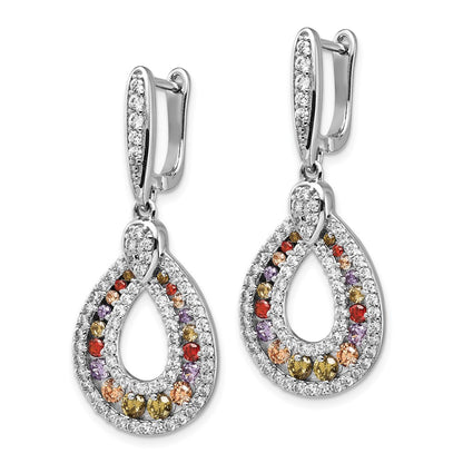 Sterling Silver Rhodium-plated Multi-color CZ Teardrop Hinged Dangle Earrings