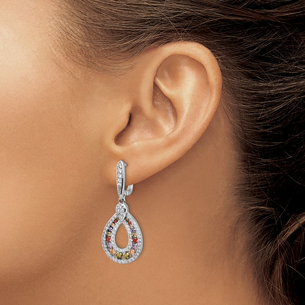 Sterling Silver Rhodium-plated Multi-color CZ Teardrop Hinged Dangle Earrings