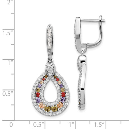 Sterling Silver Rhodium-plated Multi-color CZ Teardrop Hinged Dangle Earrings