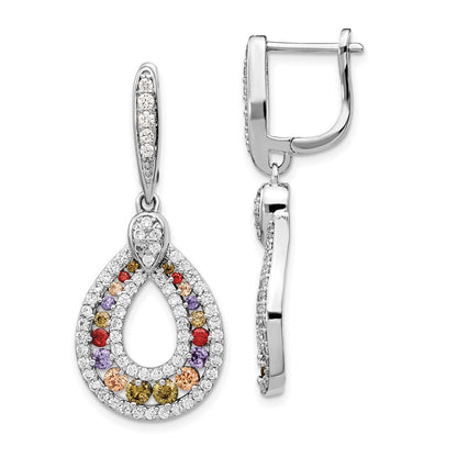 Sterling Silver Rhodium-plated Multi-color CZ Teardrop Hinged Dangle Earrings