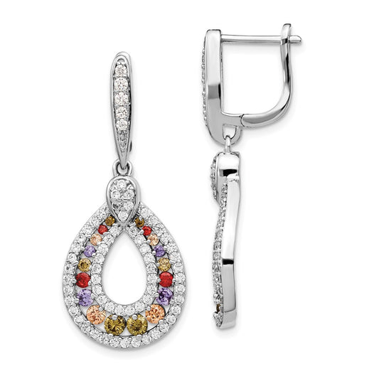 Sterling Silver Rhodium-plated Multi-color CZ Teardrop Hinged Dangle Earrings