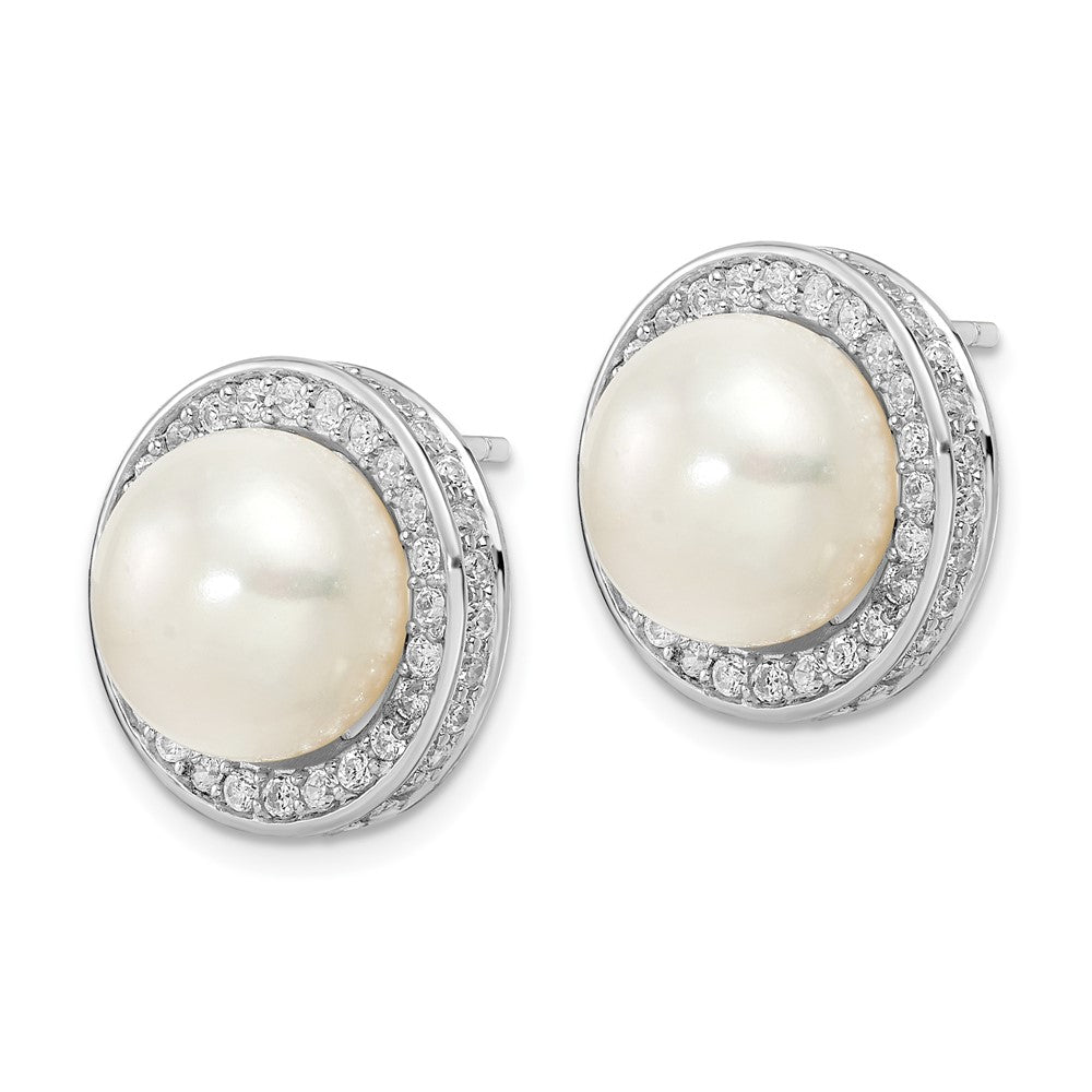 Sterling Silver Rhodium-plated 12mm Button Cultured Pearl and CZ Halo Earrings