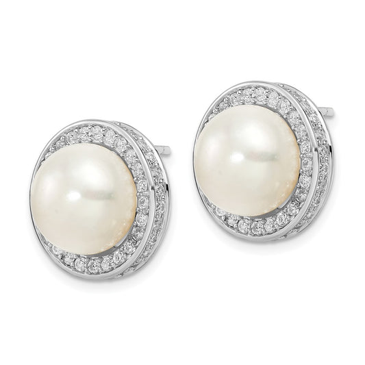Sterling Silver Rhodium-plated 12mm Button Cultured Pearl and CZ Halo Earrings
