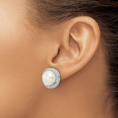 Sterling Silver Rhodium-plated 12mm Button Cultured Pearl and CZ Halo Earrings
