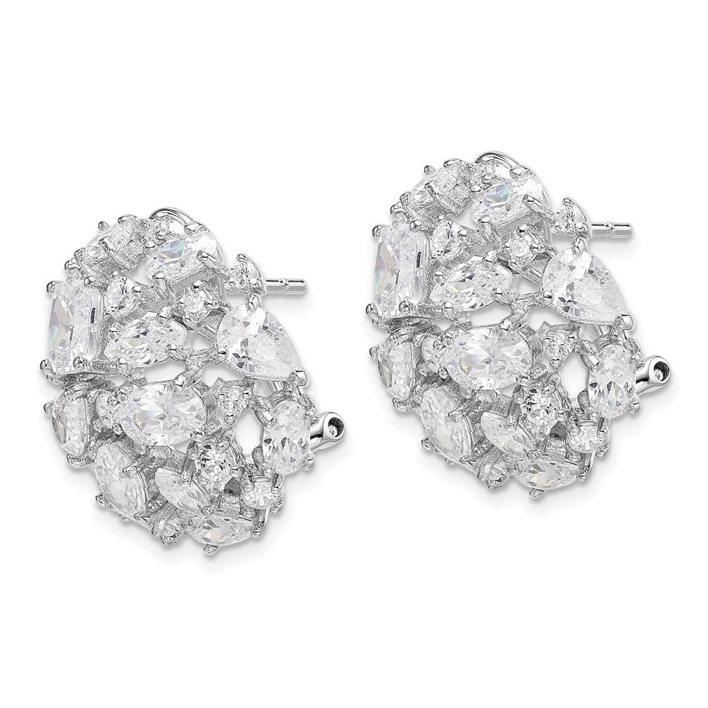 Sterling Silver Rhodium-plated Cushion-cut & CZ Cluster Dome Omega Back Earrings
