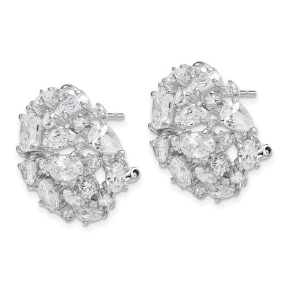 Sterling Silver Rhodium-plated Cushion-cut & CZ Cluster Dome Omega Back Earrings