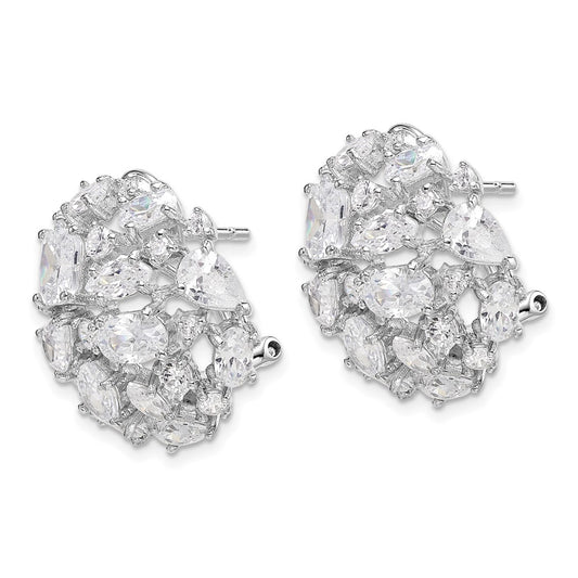 Sterling Silver Rhodium-plated Cushion-cut & CZ Cluster Dome Omega Back Earrings