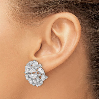 Sterling Silver Rhodium-plated Cushion-cut & CZ Cluster Dome Omega Back Earrings