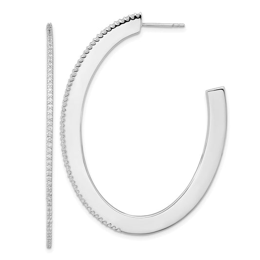 Sterling Silver Rhodium-plated CZ Oval Shaped J-Hoop Earrings