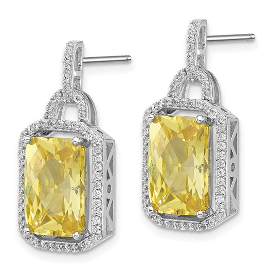 Sterling Silver Rhodium-plated Fancy Yellow Checkerboard-cut and White CZ Dangle Earrings