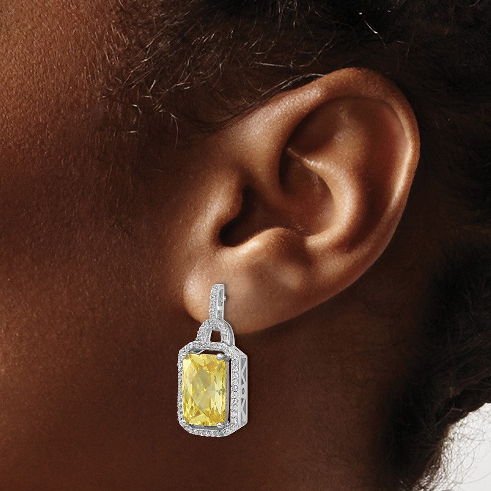 Sterling Silver Rhodium-plated Fancy Yellow Checkerboard-cut and White CZ Dangle Earrings