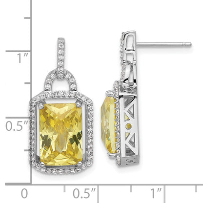 Sterling Silver Rhodium-plated Fancy Yellow Checkerboard-cut and White CZ Dangle Earrings