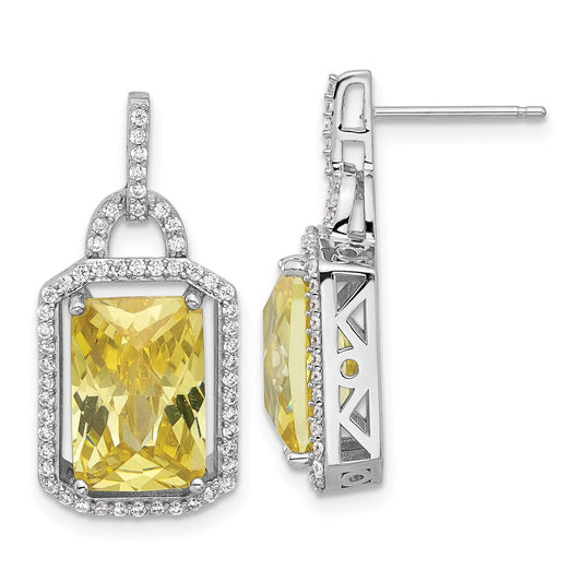 Sterling Silver Rhodium-plated Fancy Yellow Checkerboard-cut and White CZ Dangle Earrings