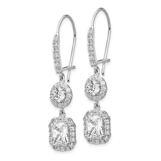 Sterling Silver Rhodium-plated Elongated Cushion-cut and CZ Halo Kidney Wire Dangle Earrings