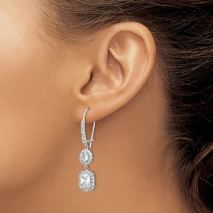 Sterling Silver Rhodium-plated Elongated Cushion-cut and CZ Halo Kidney Wire Dangle Earrings
