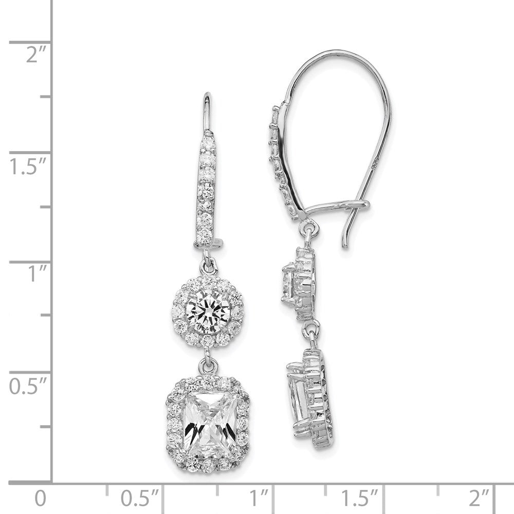 Sterling Silver Rhodium-plated Elongated Cushion-cut and CZ Halo Kidney Wire Dangle Earrings
