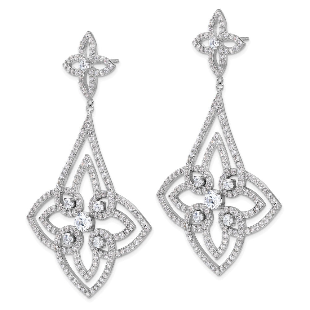 Sterling Silver Rhodium-plated Fancy Floral Design CZ Dangle Earrings
