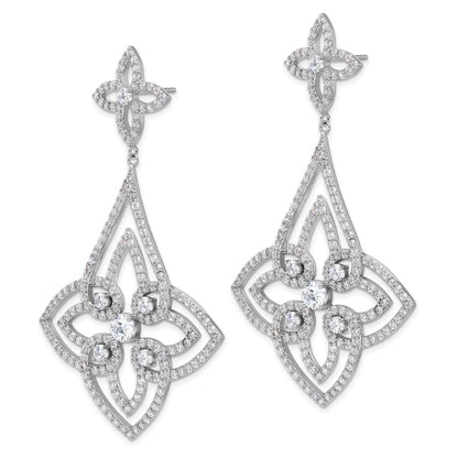 Sterling Silver Rhodium-plated Fancy Floral Design CZ Dangle Earrings