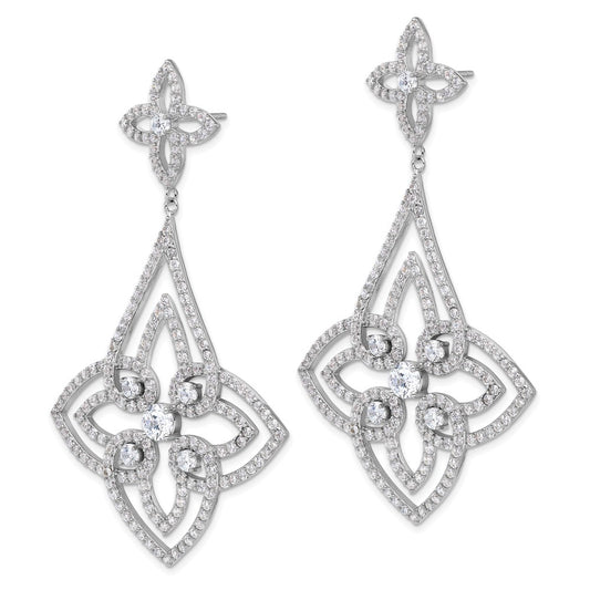 Sterling Silver Rhodium-plated Fancy Floral Design CZ Dangle Earrings