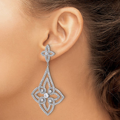 Sterling Silver Rhodium-plated Fancy Floral Design CZ Dangle Earrings