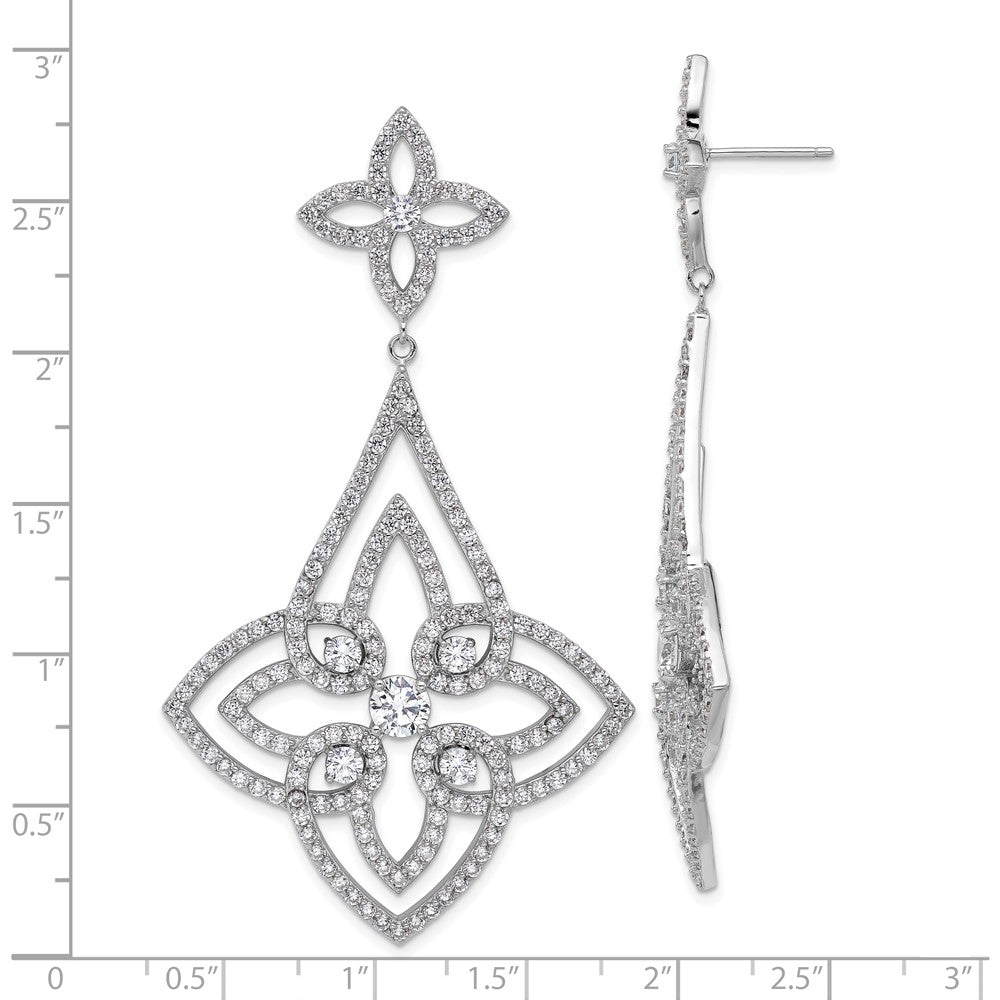 Sterling Silver Rhodium-plated Fancy Floral Design CZ Dangle Earrings