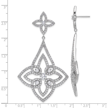 Sterling Silver Rhodium-plated Fancy Floral Design CZ Dangle Earrings