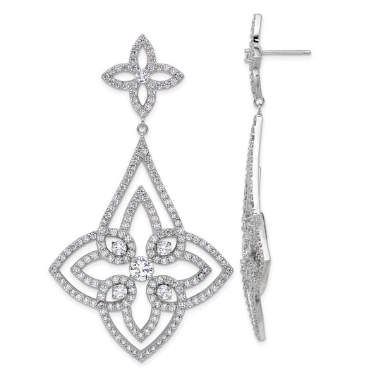 Sterling Silver Rhodium-plated Fancy Floral Design CZ Dangle Earrings
