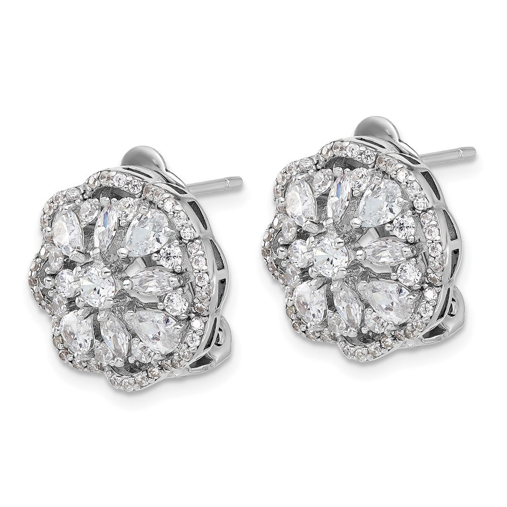 Sterling Silver Rhodium-plated and CZ Flower Omega Earrings