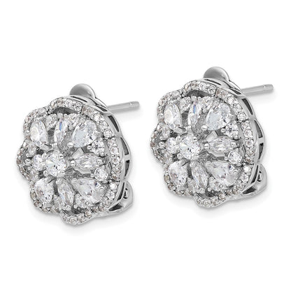 Sterling Silver Rhodium-plated and CZ Flower Omega Earrings