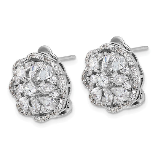 Sterling Silver Rhodium-plated and CZ Flower Omega Earrings