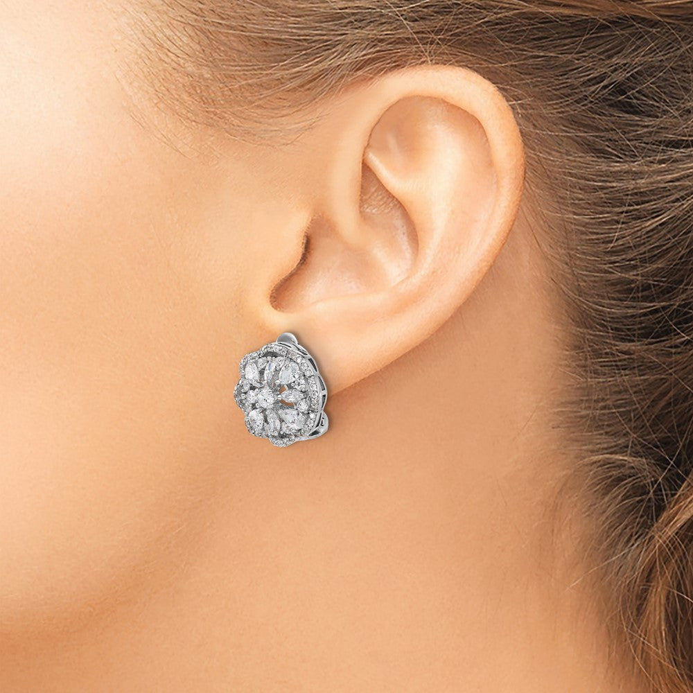 Sterling Silver Rhodium-plated and CZ Flower Omega Earrings