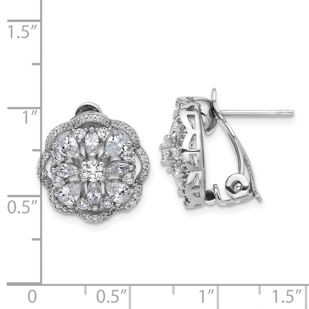 Sterling Silver Rhodium-plated and CZ Flower Omega Earrings