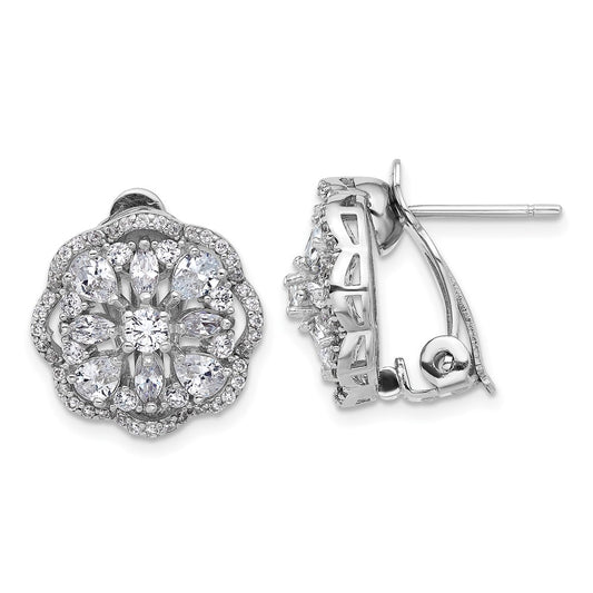Sterling Silver Rhodium-plated and CZ Flower Omega Earrings