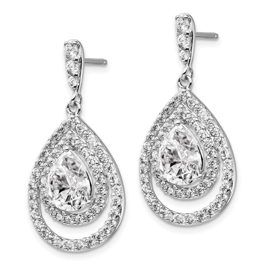 Sterling Silver Rhodium-plated Pear Shaped CZ Double Halo Dangle Earrings