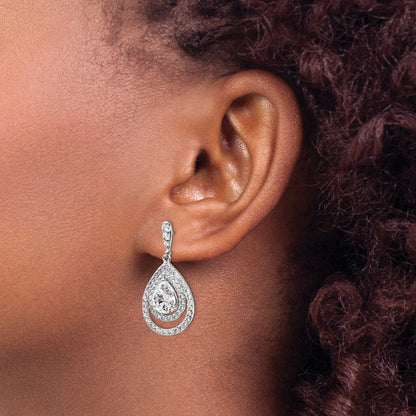 Sterling Silver Rhodium-plated Pear Shaped CZ Double Halo Dangle Earrings